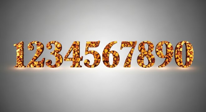 Golden glitter numbers set from zero to nine, sparkling metallic numeric collection, shiny amber textured digits for anniversary and celebration