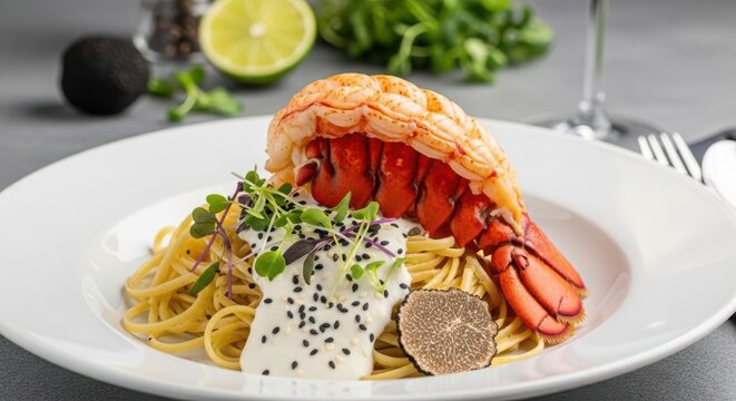 Gourmet lobster tail served over linguine pasta with creamy white sauce, black sesame seeds, fresh microgreens, and a slice of black truffle on a plate