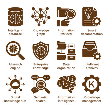 Set of artificial intelligence and data management concept icons with database