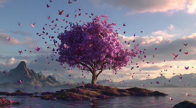 A purple tree on an island surrounded by butterfly
