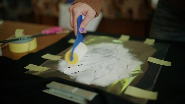 Hands using a craft roller to evenly spread adhesive material over a stencil design