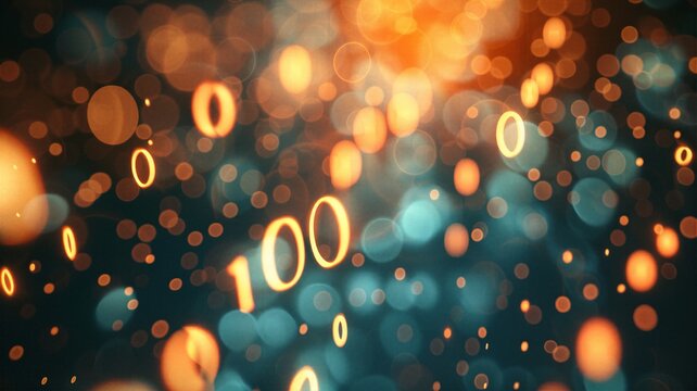 Golden glowing binary codes and light particles for digital networking and big data visualizations.