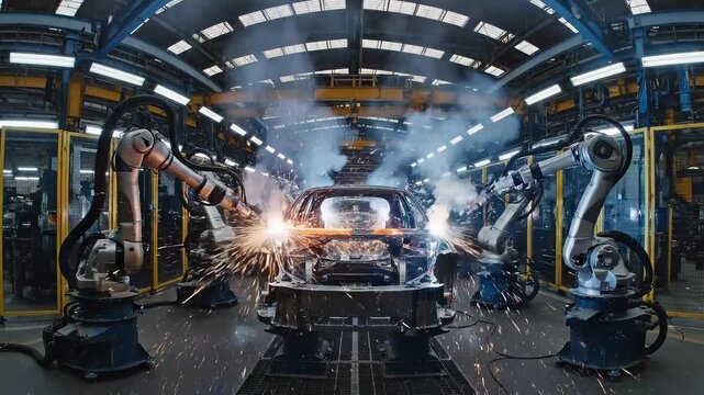 Automated welding stations perform sparks-filled work on a car chassis within an industrial factory.