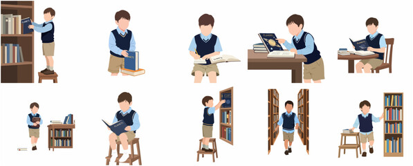 Set of illustrations featuring a young schoolboy in a library, reading books, studying, and picking books from bookshelves on a white background. © kacang