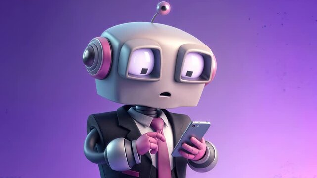 Stylized robot in business suit using smartphone with surprised expression. Close-up shot with subtle panning movement.