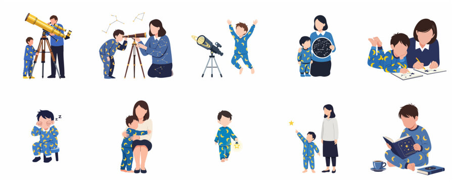 Set of flat vector illustrations of parents and a little boy in pajamas exploring astronomy, stargazing with telescopes, and learning about stars and constellations together.
