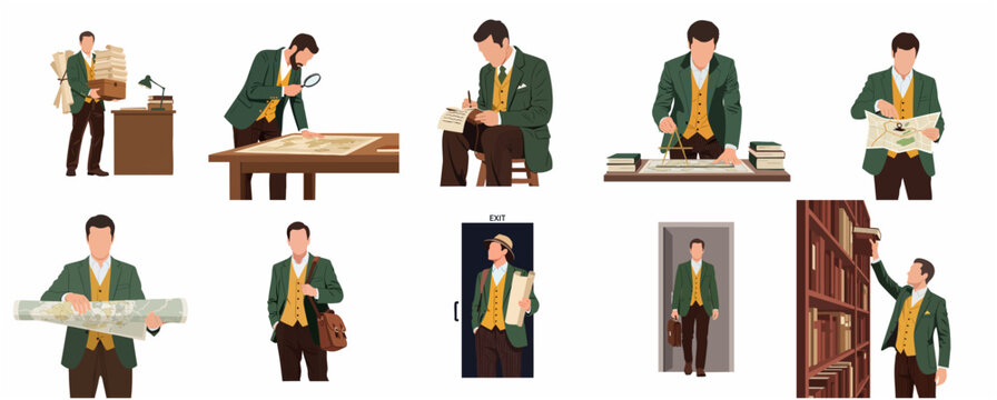 Set of vintage explorer and cartographer illustrations, man researching maps, studying books in library, and traveling in classic attire.