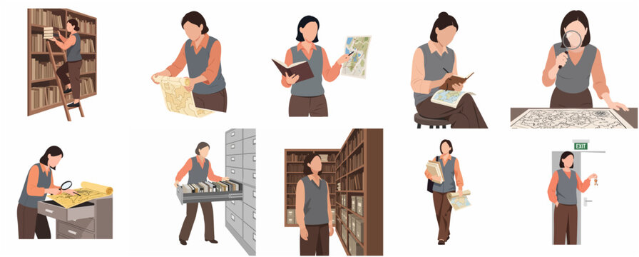 Female librarian and archivist character set in various poses working with maps and books in library or archive environment