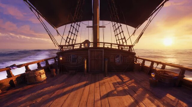 Majestic wooden deck of a pirate ship at sunset, showing dramatic ocean views and the start of a nautical voyage.