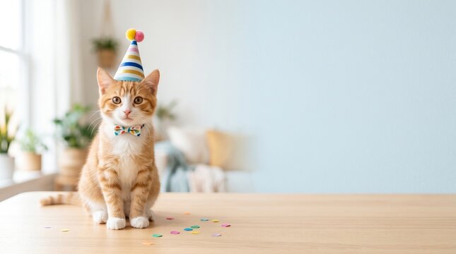 Ginger Cat Wearing Party Hat for International Cat Day Celebration Table with Confetti and Clean Copy Space