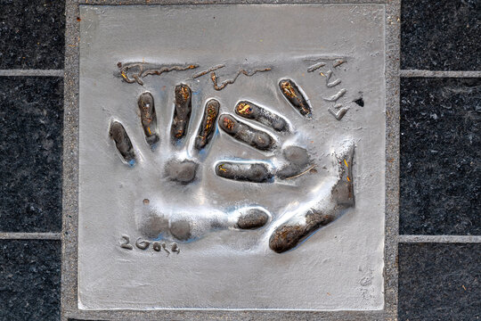 steel handprint and signature of Quentin Tarantino in the Path of the Stars ("Chemin des &Eacute;toiles") in Cannes, France