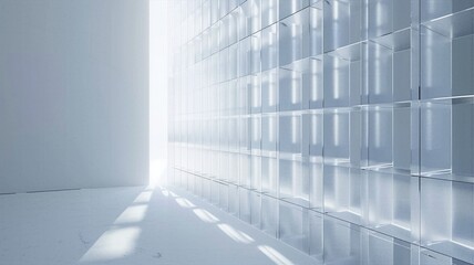 Fototapeta premium Bright minimalist modern architecture interior with transparent glass block wall for clean aesthetic backgrounds.