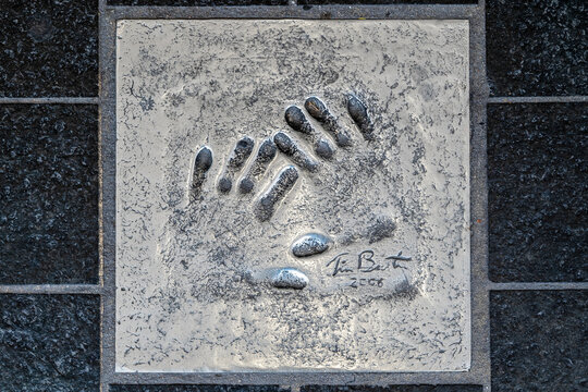 steel handprint and signature of Tim Burton in the Path of the Stars ("Chemin des &Eacute;toiles") in Cannes, France