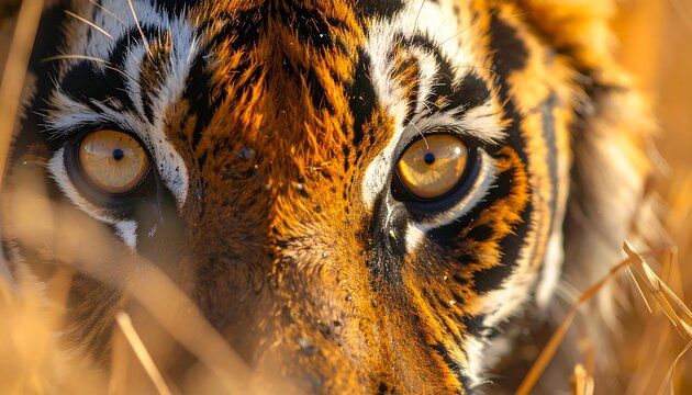 A close-up of a tiger's face with piercing eyes