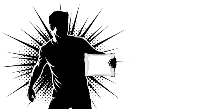 Silhouette of a man holding a blank sign with a comic book explosion background.