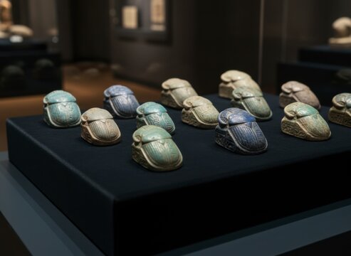Collection of ancient Egyptian scarab amulets displayed on a black pedestal in a museum