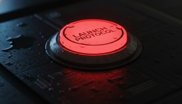Glowing red launch protocol button on wet control panel