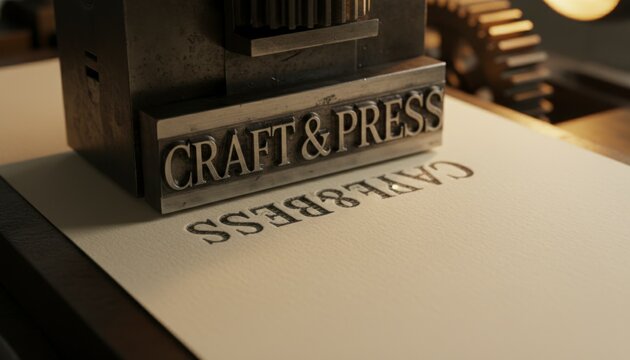 Metal letterpress stamp creating an embossed impression on paper in a workshop