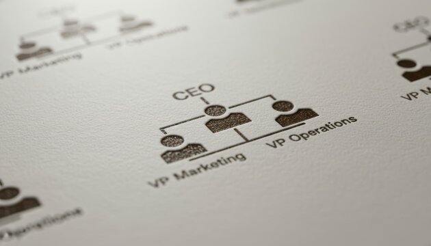 Organizational chart showing CEO and VP positions printed on white paper
