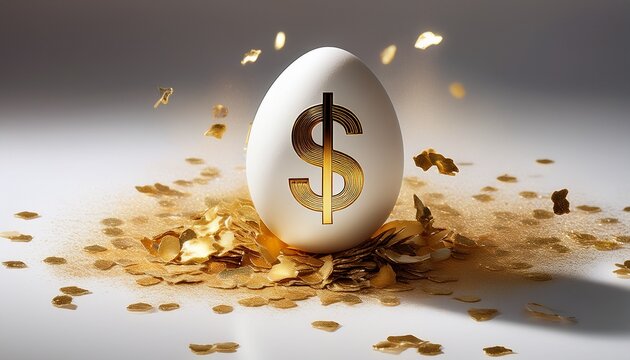 white egg with gold dollar symbol and scattered gold flakes