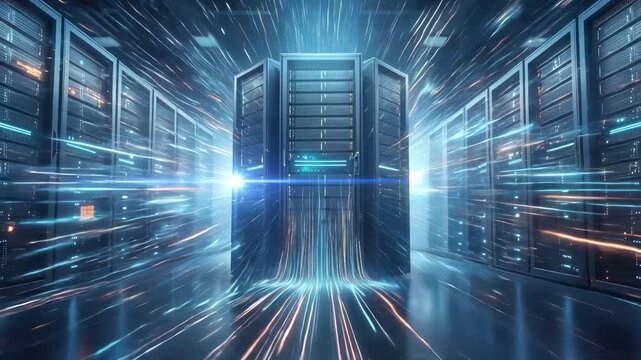 Digital data streams flowing through futuristic server room. High-speed information transfer in modern data center. Static wide shot.