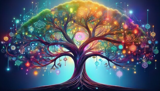 a vibrant tree with colorful branches adorned with symbols of knowledge growth and creativity representing the interconnectedness of learning and the power of imagination