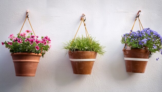 rustic flower pots hanging on white wall