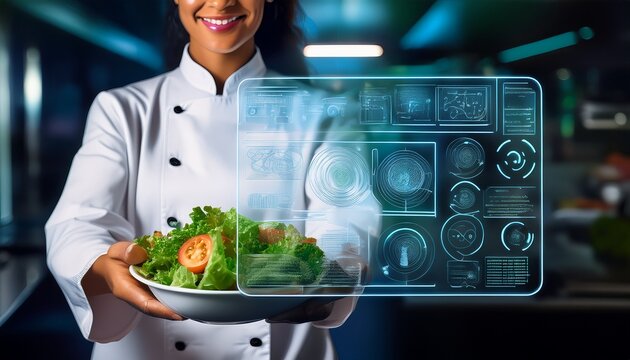 a chef presenting a digital interface with food data above a fresh salad blending technology and culinary art