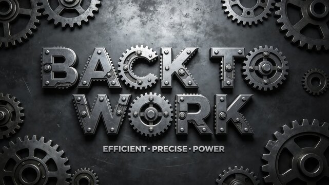 Heavy metallic riveted typography spelling back to work surrounded by iron gears and cogs on dark scratched steel industrial background