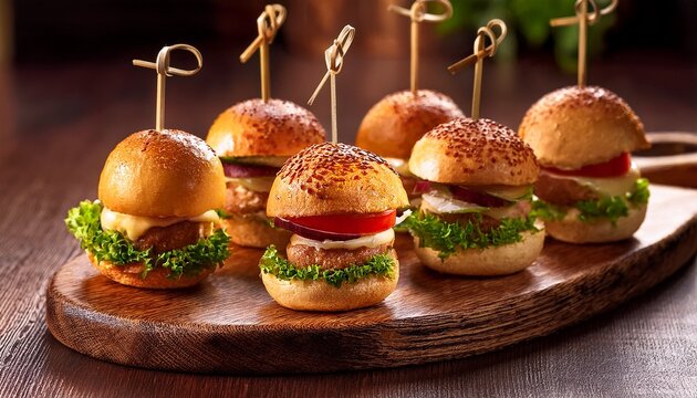 mini burgers with skewers on wooden platter