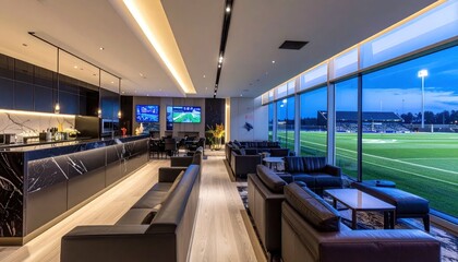 Obraz premium Modern sports bar interior with view of stadium pitch.