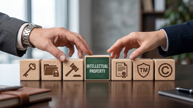 Intellectual Property protection strategy: hands collaborate on symbolic blocks representing patent, copyright, and trademark for business security.