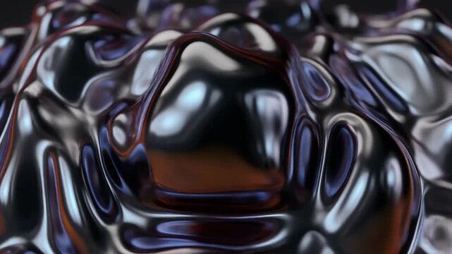 Abstract black liquid metal surface background. Glossy dark chrome ripples with blue and orange reflections. Organic fluid shapes. High contrast 3D render for technology.