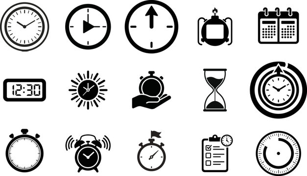 Clock and time symbols isolated on transparent background