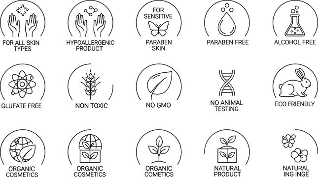 Organic Cosmetics and Natural Product Badge Vector Set Featuring Cruelty Free Paraben Free and Hypoallergenic Line Icons for Clean Beauty Packaging Designs