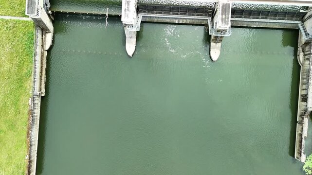 Aerial Top View of Hydroelectric Dam on the Moselle River