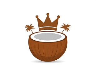 Fototapeta premium Graphic with a halved tropical fruit, topped with a crown, and framed by small palm trees against a white background