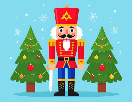 A cartoon nutcracker soldier stands between two decorated Christmas trees