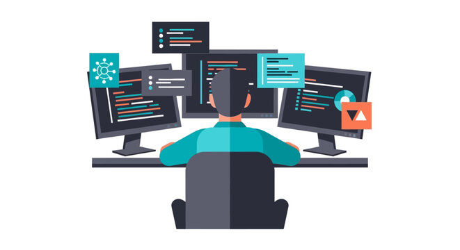 Software Developer Working on Multiple Monitors Vector Illustration, Professional Coder Programming in Modern Workspace, Web Development and Data Analysis Concept