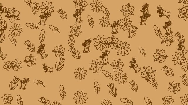 Seamless looping animation featuring hand-drawn floral doodles, leaves, and flower bouquets arranged in a decorative repeating pattern on a soft green background.