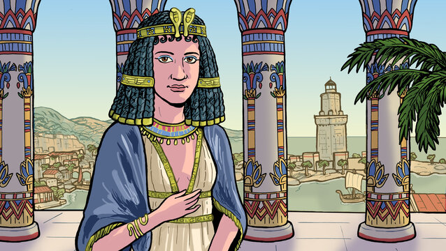 Cleopatra VII in queen palace with view to Alexandria, Egypt 
