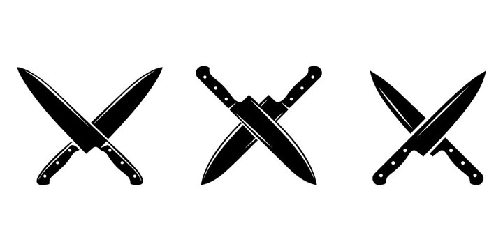 Two crossed sharp chef's kitchen knives, black silhouette illustration on an isolated white background.a strong graphic symbol for dining, restaurants, and cuisine on a clean white background.