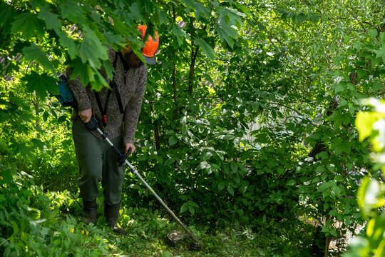 Man in safety gear using string trimmer to clear grass and weeds in lush green garden area