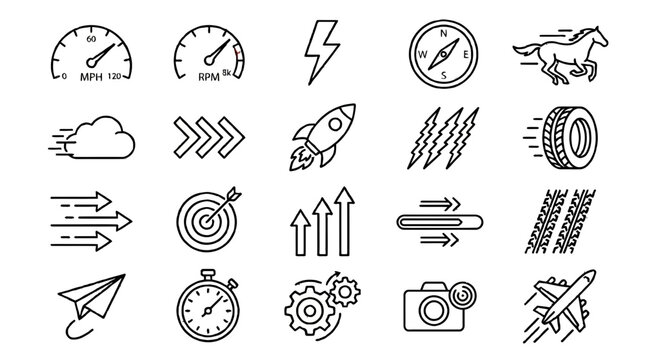 Diverse line art icon set featuring speed navigation technology and performance indicators