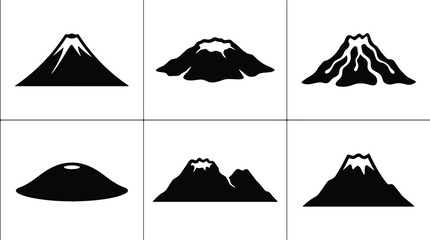 Volcano Icons Set, Mountain Silhouettes Collection, Diverse Summit Shapes, Geological Forms, Natural Landscape Symbols, Black and White Vector Graphics for Earth Science and Adventure Themes © Faisal
