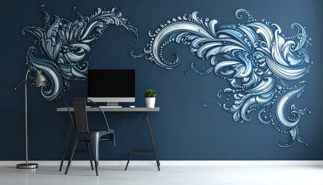 Stylish home office with blue scroll pattern wall decals.