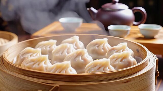 Steaming Hot Traditional Chinese Dumplings Served in a Bamboo Basket with Fragrant Tea Set