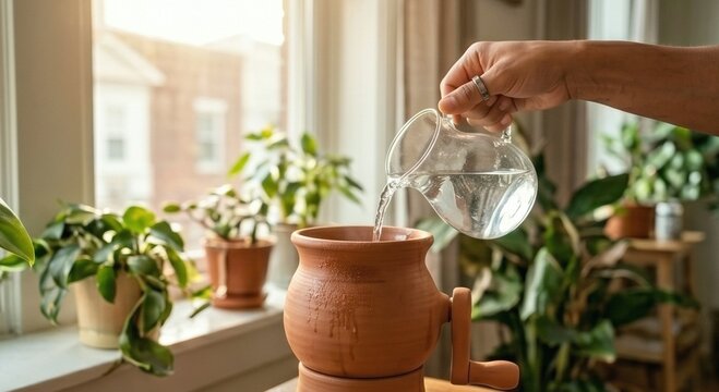 hand watering a terracotta pot with a glass pitcher