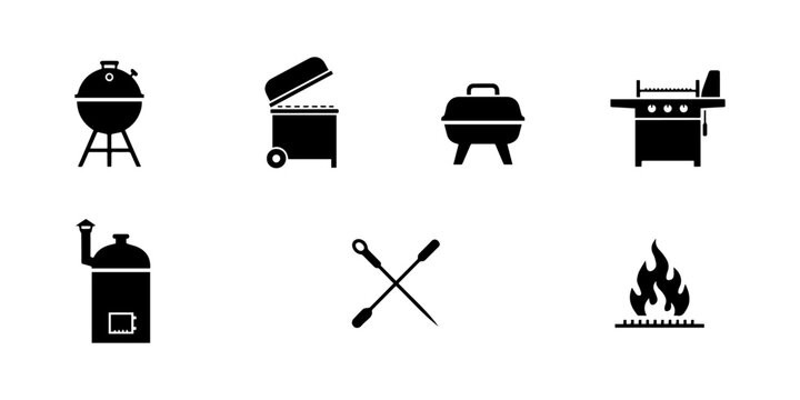 BBQ grill icon set  bbq grill minimal flat icon set, black color and white background  barbecue grill icon set silhouette on white background