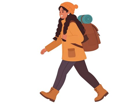 A cartoon woman with a backpack walks to the left